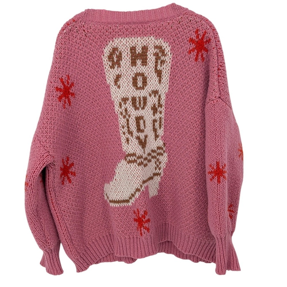 Bailey Rose Chunky Cardigan Women S/M Pink Cowboy Boot Knit Oversized Western